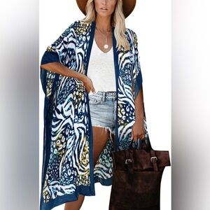 Moss Rose Beach Cover up Kimono Bohemian Floral Print, Loose Casual Resort Wear